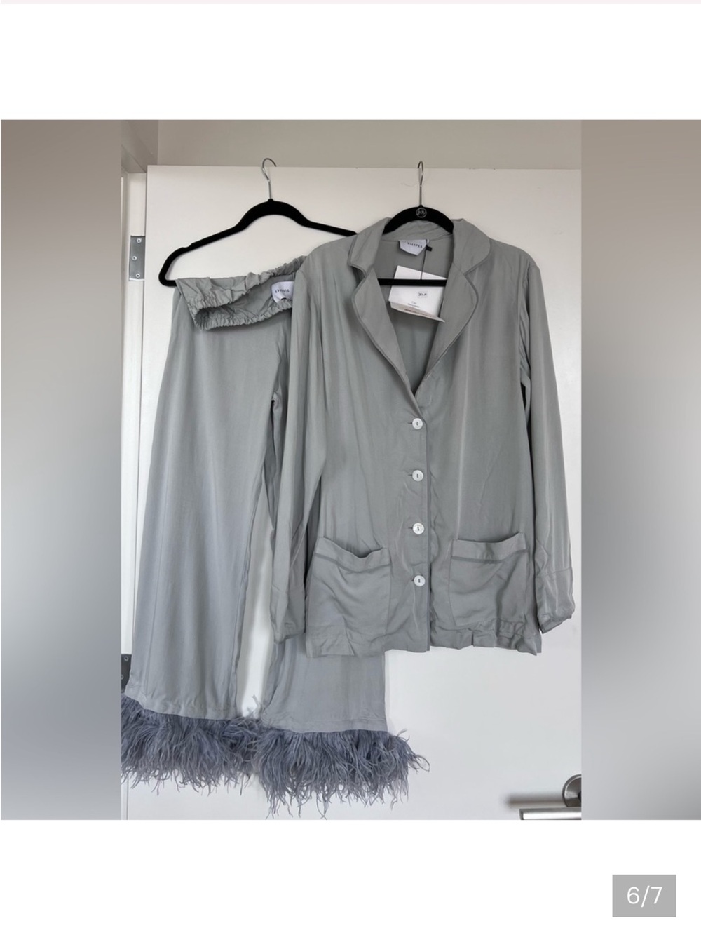 Soft Feather-Trim Women's Pajama Set - Light Gray - Picture 3 of 3
